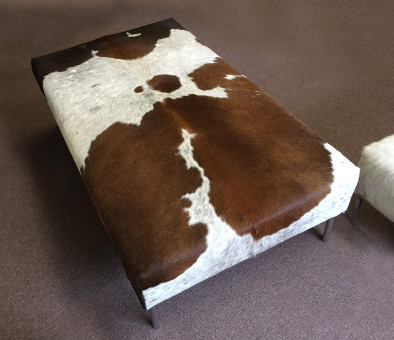 Cowhide Tri-Colour Ottoman with Metal Rail Base