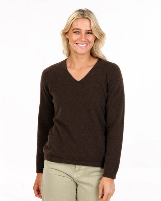 NB396 womens vee-neck possum merino sweater cocoa