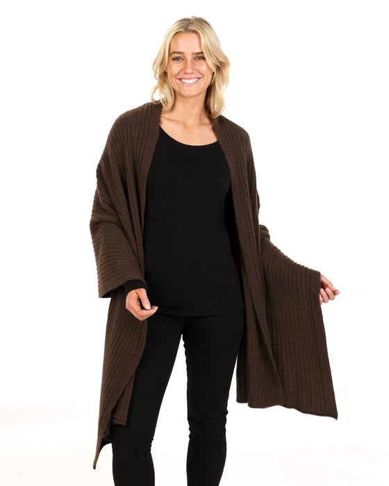 NE860 ribbed knit wrap in cocoa brown possum merino wool