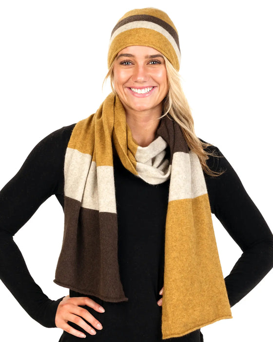 NX824 striped possum merino travel scarf cocoa marigold