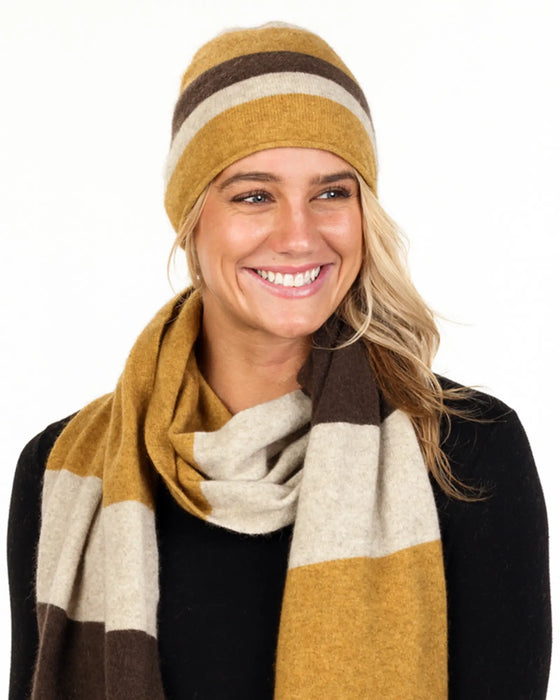 NX824 striped travel scarf in cocoa and marigold