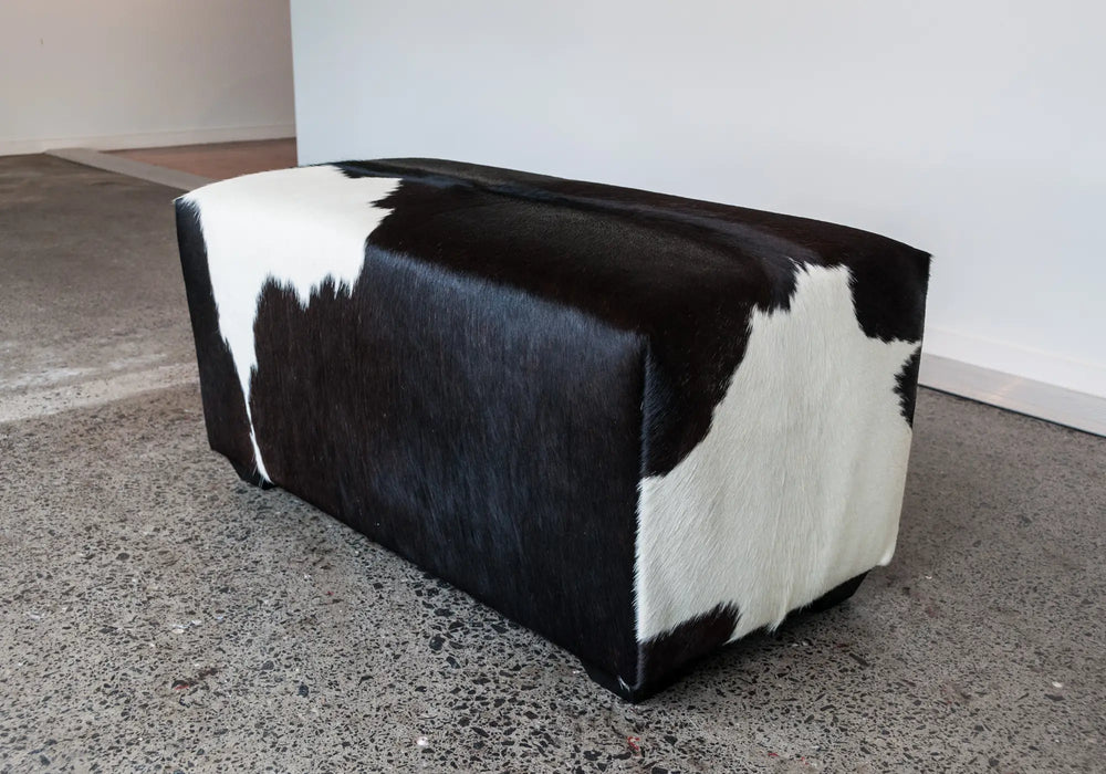 Black and white cow skin ottoman small deep rectangle