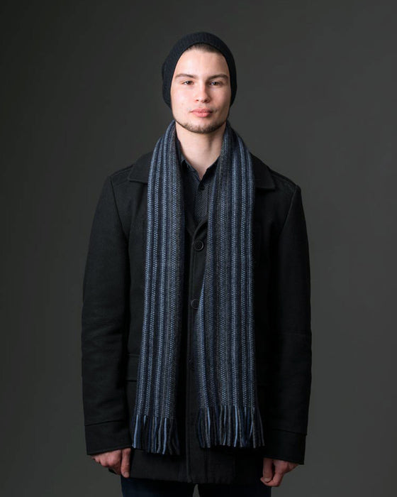 Possum & Merino Wool Black Blue Grey Multi Stripe Scarf - NX378