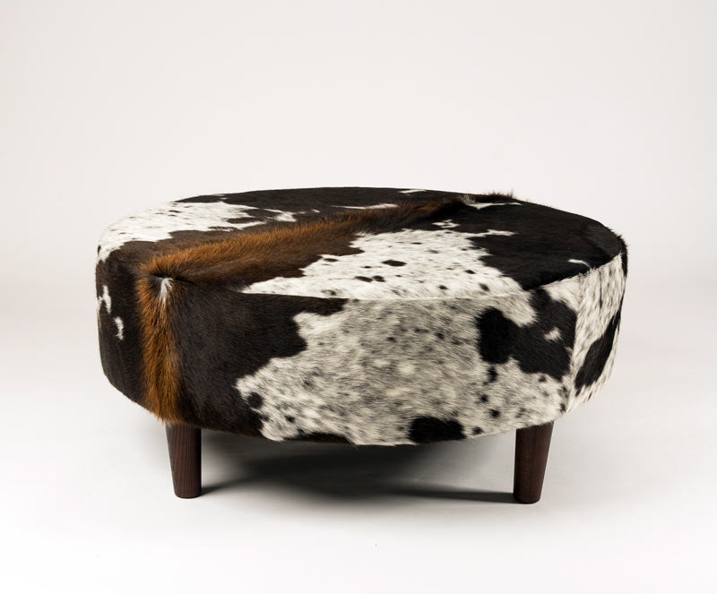 Cowhide Ottoman Round Wood Legs 95x95x40cm