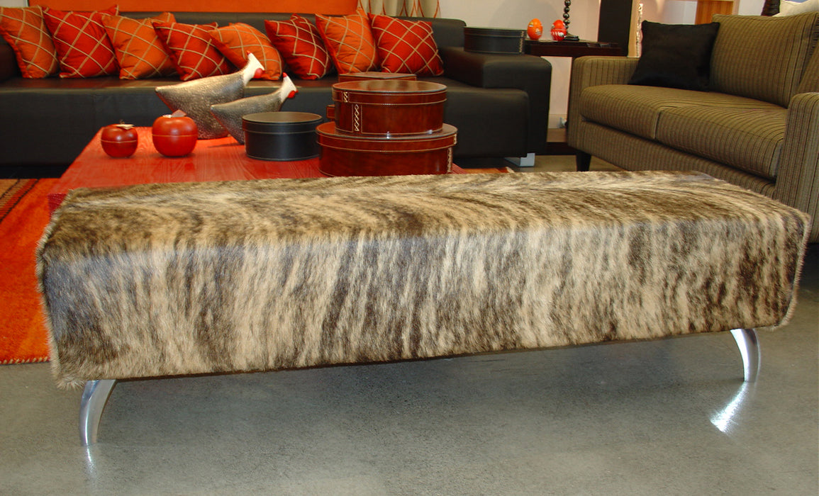 Brindle cowhide bench ottoman with metal legs