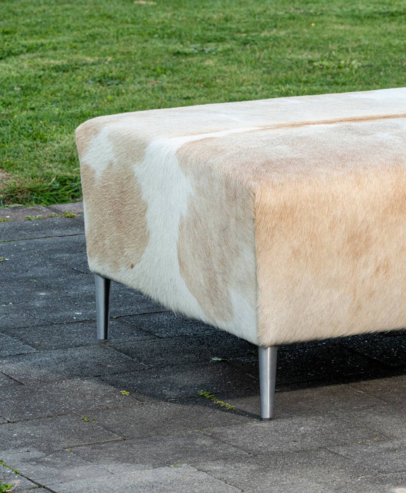 Beige & White Cowhide Ottoman with Metal Legs