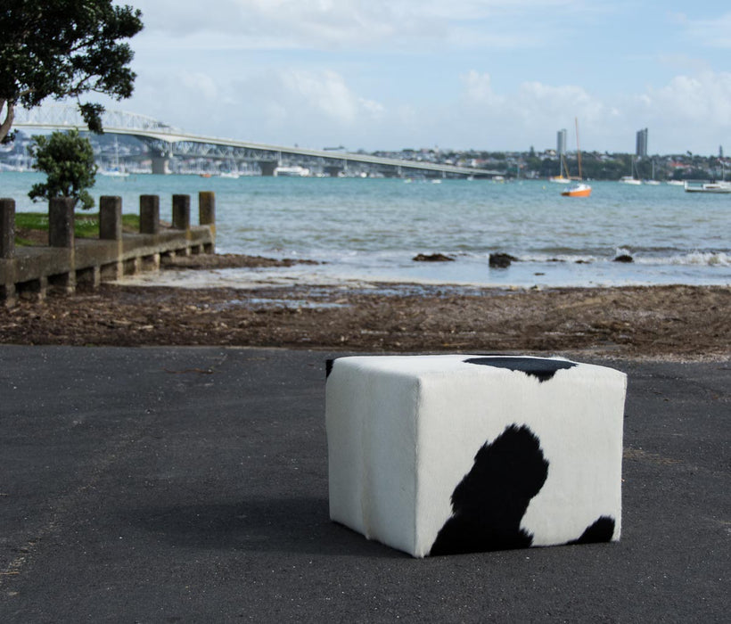 Cowhide cube footstool made in New Zealand