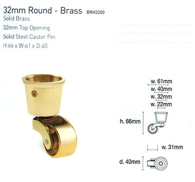 Round Cup & Caster Wheels 32mm - Brass Gold