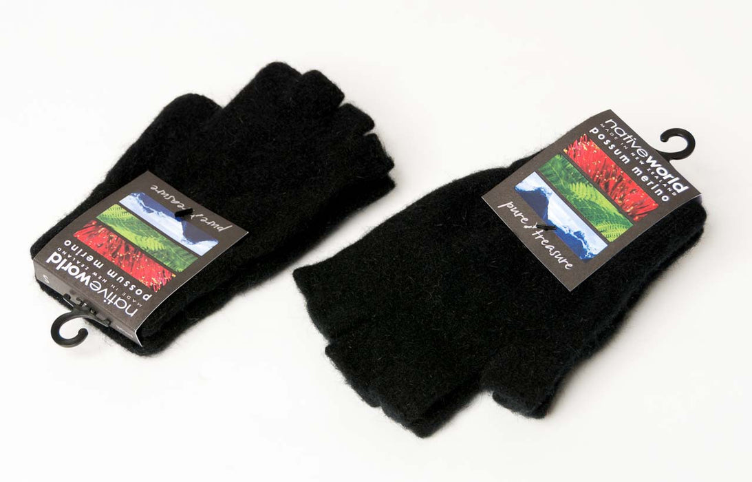 Possum Merino Gloves - Black wool fingerless gloves Native World