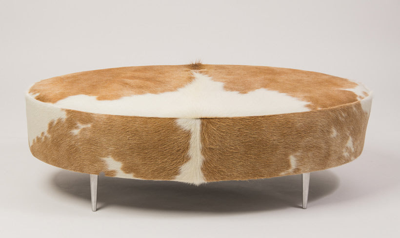 Cowhide Ottoman Oval Beige & White with Metal Legs 120x60x38cm