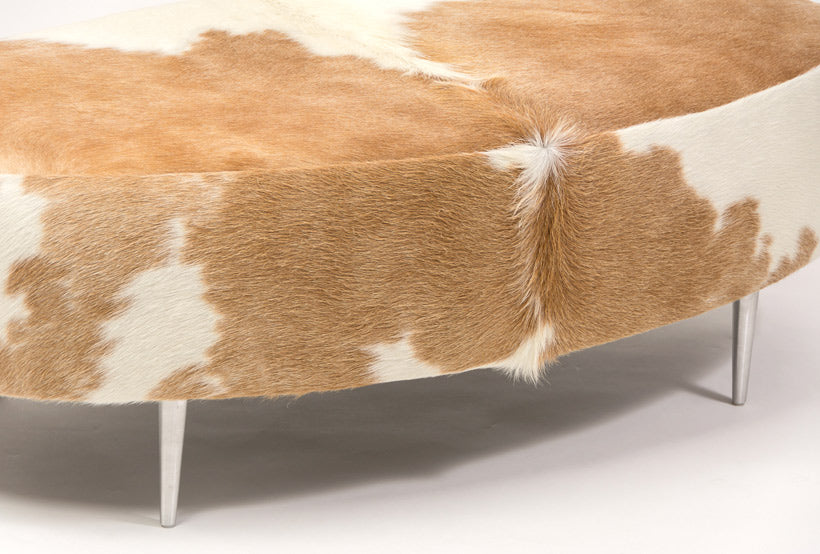 Cowhide Ottoman Oval Beige & White with Metal Legs 120x60x38cm