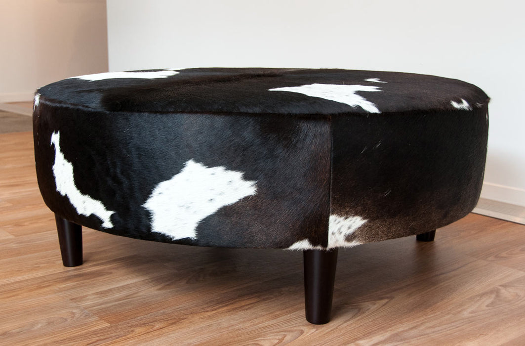 Chocolate Cowhide Ottoman Round Wood Legs 100x100x40cm