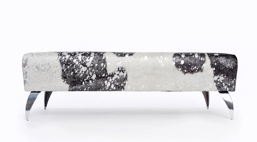 Cowhide bench ottoman in metallic silver, black & white 