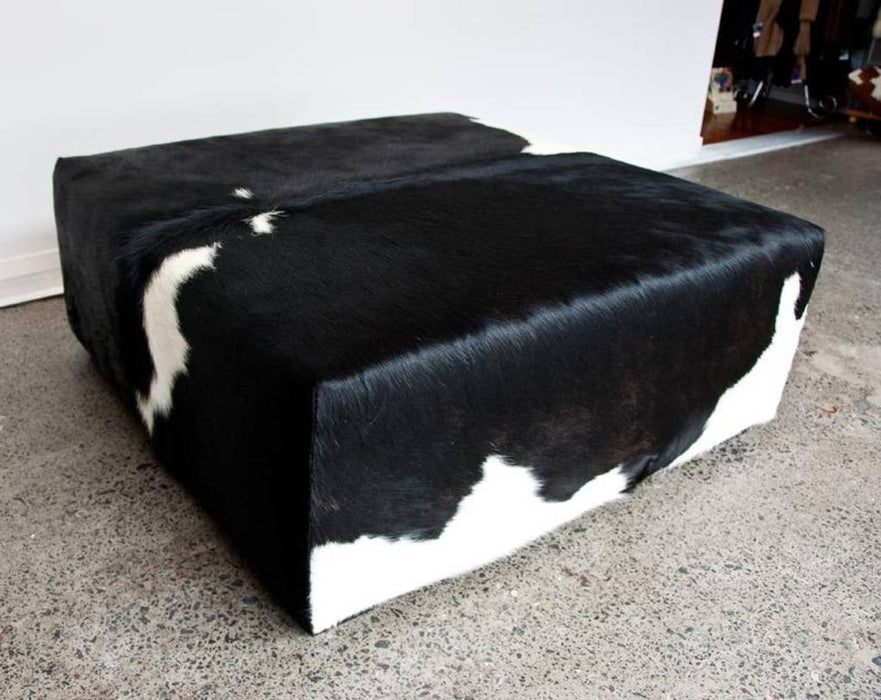 Black and white Cowhide Ottoman with Low Square Wood Legs 98x98x40cm