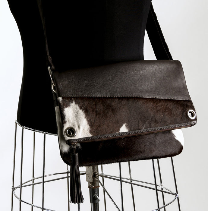 Cowhide handbag brown and white