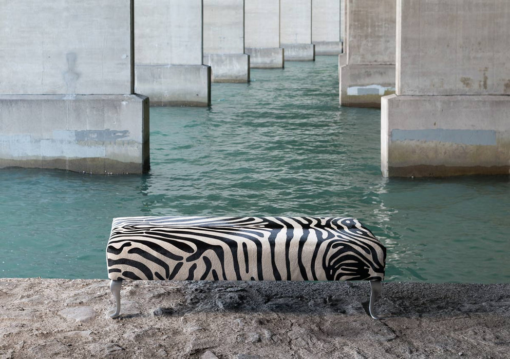 End of bed or bench zebra print cowhide ottoman