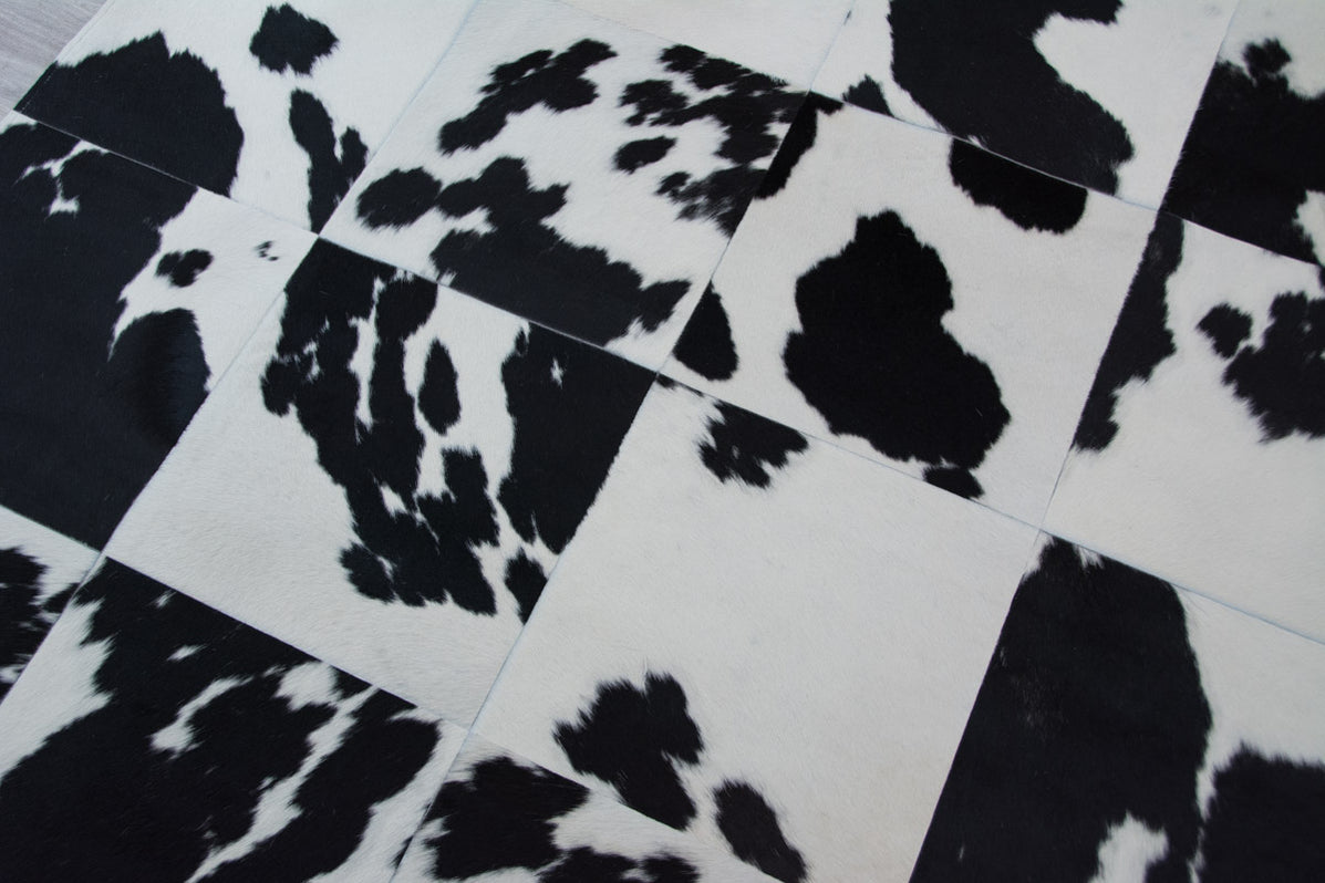 Black & White Cowhide Patchwork Rug Stitched Cow Skin Rug —