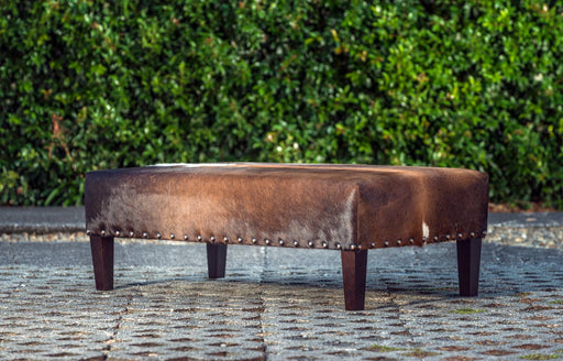 Cowhide Ottoman with Wood Legs & Antique Copper Studs 120x60x35cm